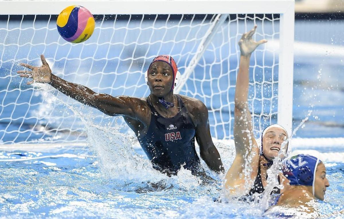 United States goalkeeper Ashleigh Johnson blocked a shot on goal in the USA’s 12-5 gold medal victory over Italy on Friday at Olympic Aquatics Stadium during the 2016 Summer Olympics Games in Rio de Janeiro, Brazil.