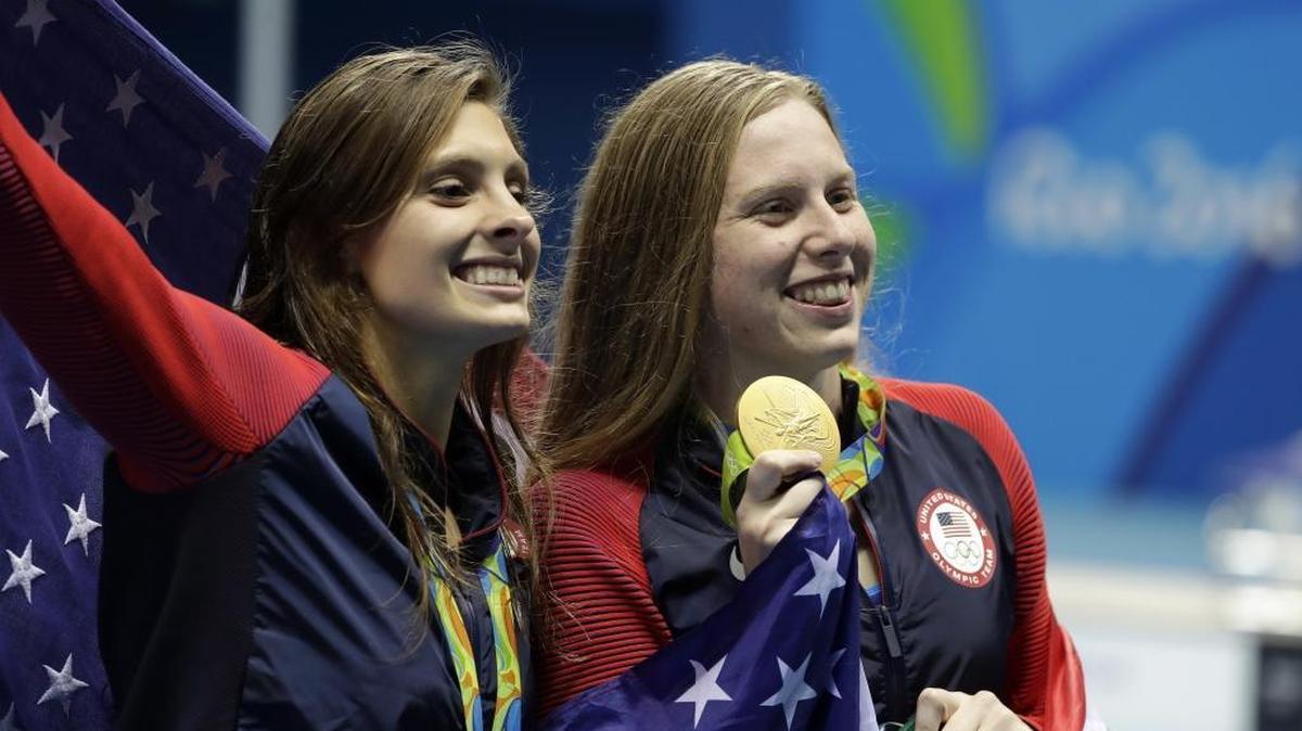Gold medalist Lilly King, right, and bronze medalist Katie Meili celebrate after the women’s 100-meter breaststroke in Rio de Janeiro, Brazil.