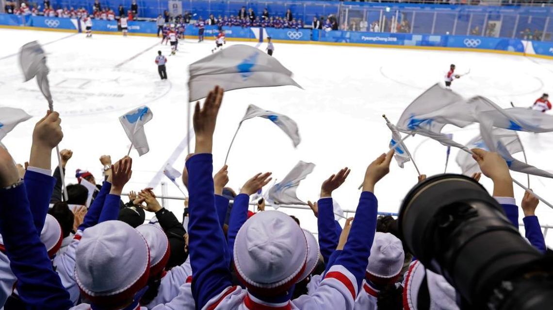 Supporters cheer after a goal against Japan by South Korea's Randi Heesoo Griffin (37), of the combined Koreas team, during the second period of the preliminary round of the women's hockey game at the 2018 Winter Olympics in Gangneung, South Korea, Wednesday.
