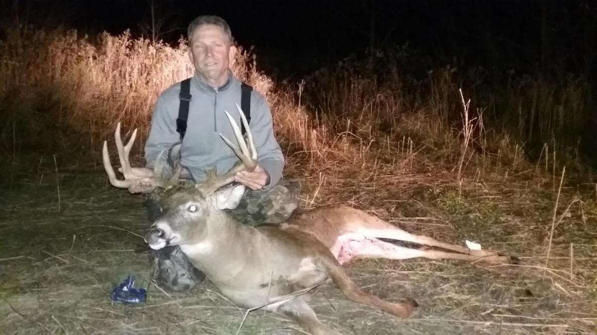 Tim Padgett of Shiloh shows off the 14-point buck he killed at the Jim Edgar Panther Creek State Fish and Wildlife Area near Chandlerville, Illinois, on Nov. 11. The rack of the deer was taken from the back of Padgett’s truck two days later. The Illinois Conservation Police were able to recover the missing rack earlier this week.