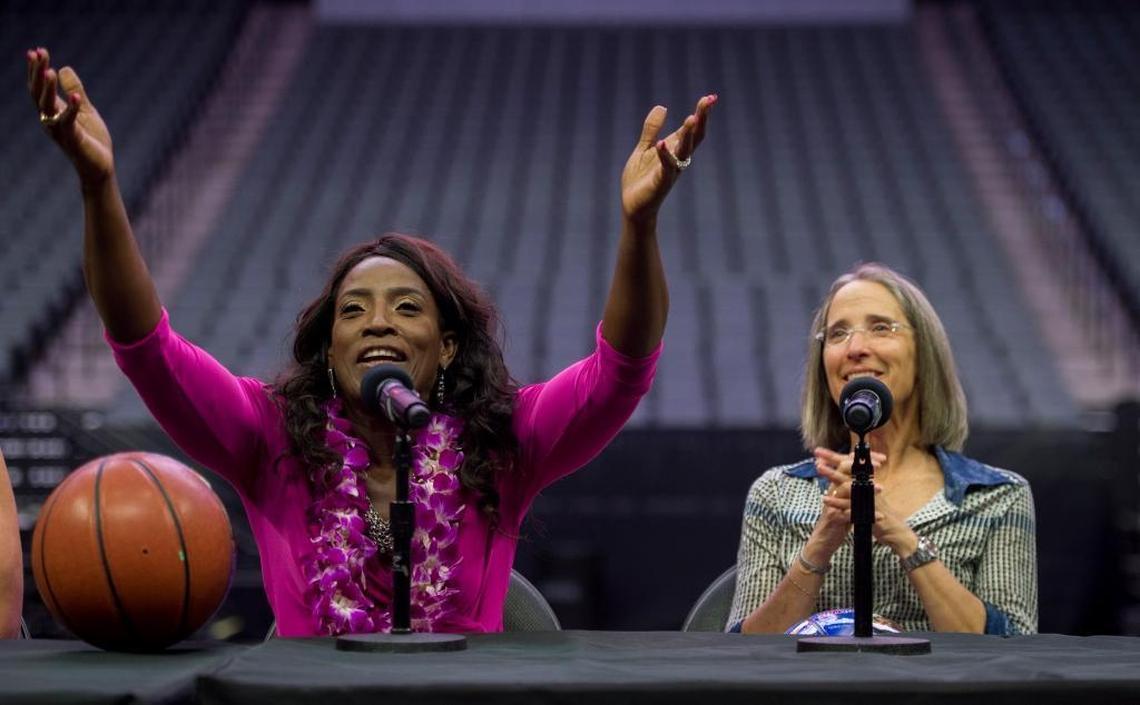 Lisa Lax, director of the ESPN documentary “Mighty Ruthie” sits with Ruthie Bolton, the former pro basketball player and Olympian, at the Golden 1 Center on June 6, 2017. Bolton recently has been speaking out about the domestic violence she said she suffered during her first marriage.