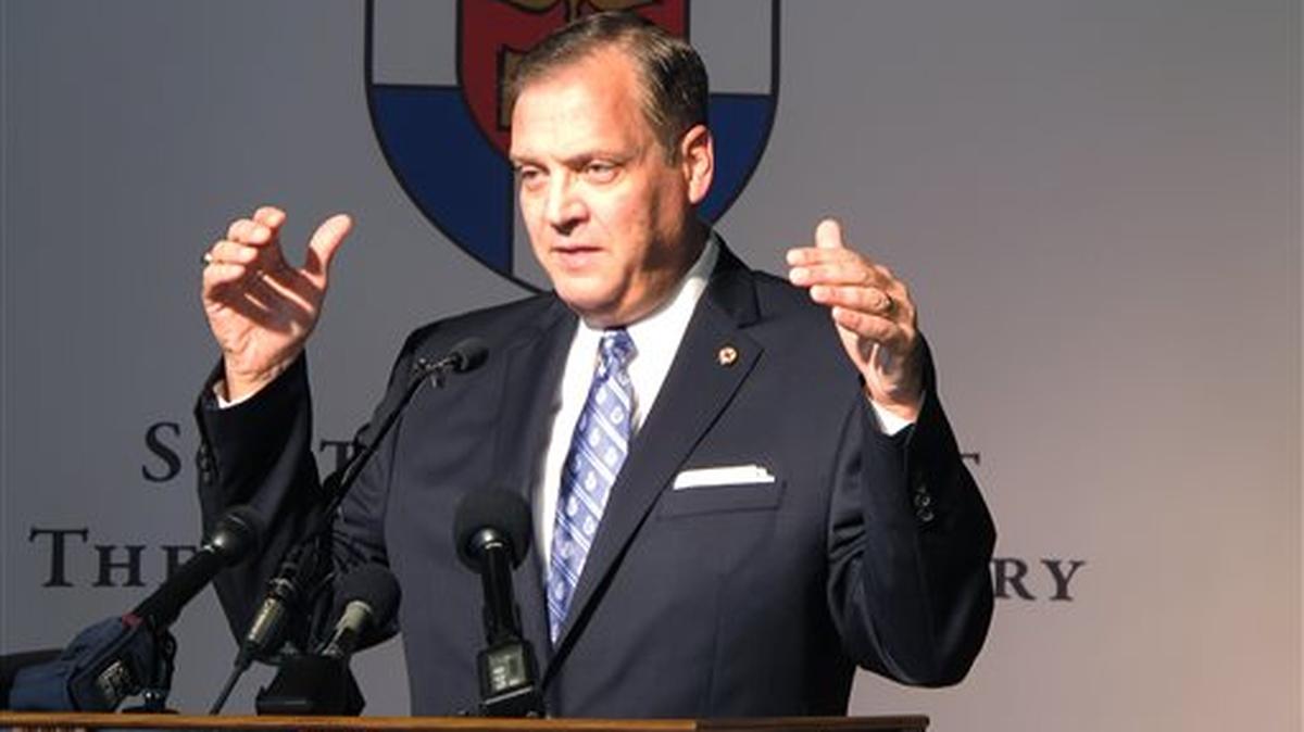 The Rev. R. Albert Mohler Jr., president of Southern Baptist Theological Seminary, spoke to reporters in 2015 about a conference that focused on homosexuality and offering pastoral care to gays.