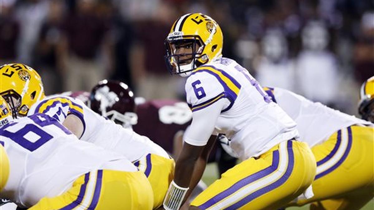 LSU quarterback Brandon Harris (6) prepares to take a snap during the first half of an NCAA college football game against Mississippi State, Saturday, Sept. 12, 2015, in Starkville, Miss.