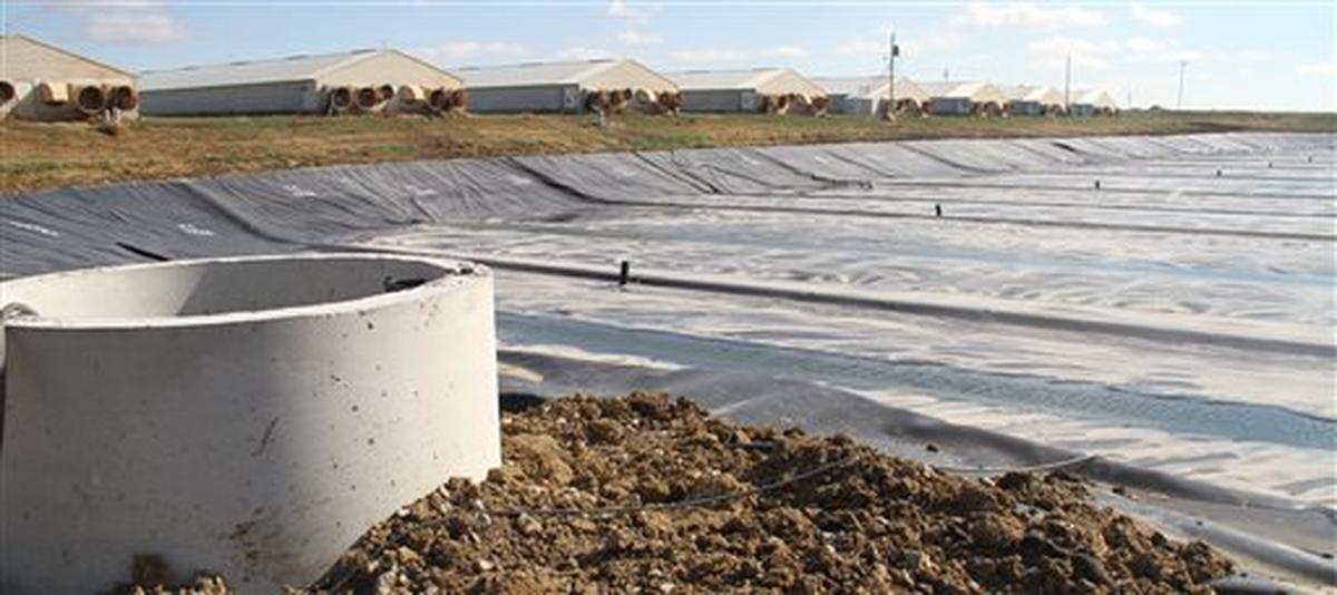 This photo provided by Roeslein Alternative Energy, LLC, shows a membrane installed by Roeslein over a lagoon to harvest biogas at a hog farm near St. Joseph, Mo.