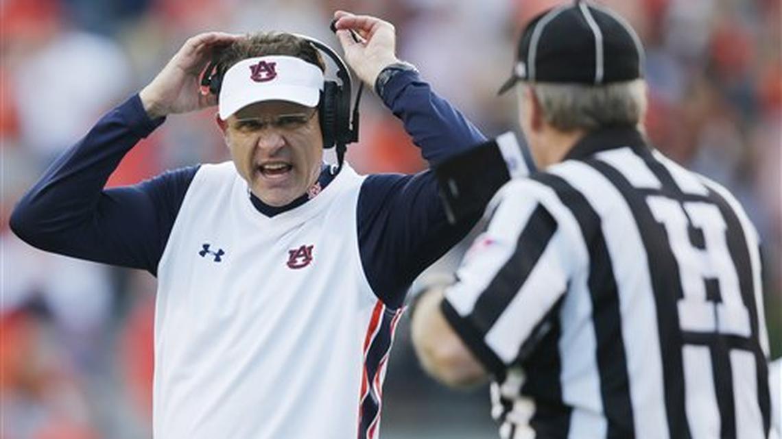 Auburn head coach Gus Malzahn reacts to a referee during an NCAA college football game, Saturday, Nov. 28, 2015, in Auburn, Ala.