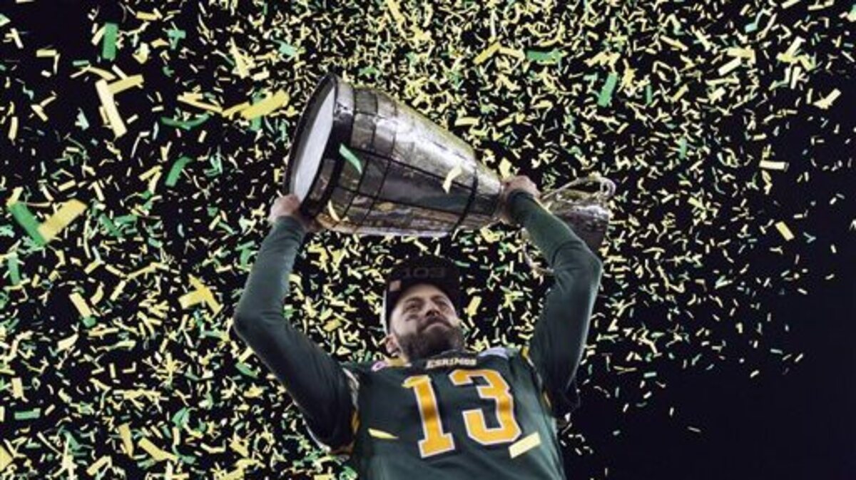 Former Edmonton Eskimos quarterback Mike Reilly, who grew up in the Tri-Cities, hoists the Grey Cup after his team beat the Ottawa Redblacks in 2015.