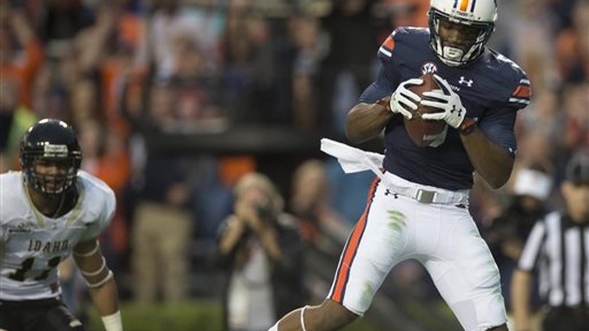 Auburn wide receiver Ricardo Louis (5) catches a touchdown pass against Idaho during an NCAA college football game Saturday, Nov. 21, 2015, in Auburn, Ala.